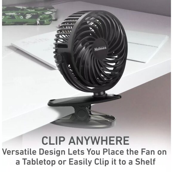 Holmes 4" On-The-Go Portable Clip Rechargeable Battery 360° Rotation Fan Black - Picture 6 of 10